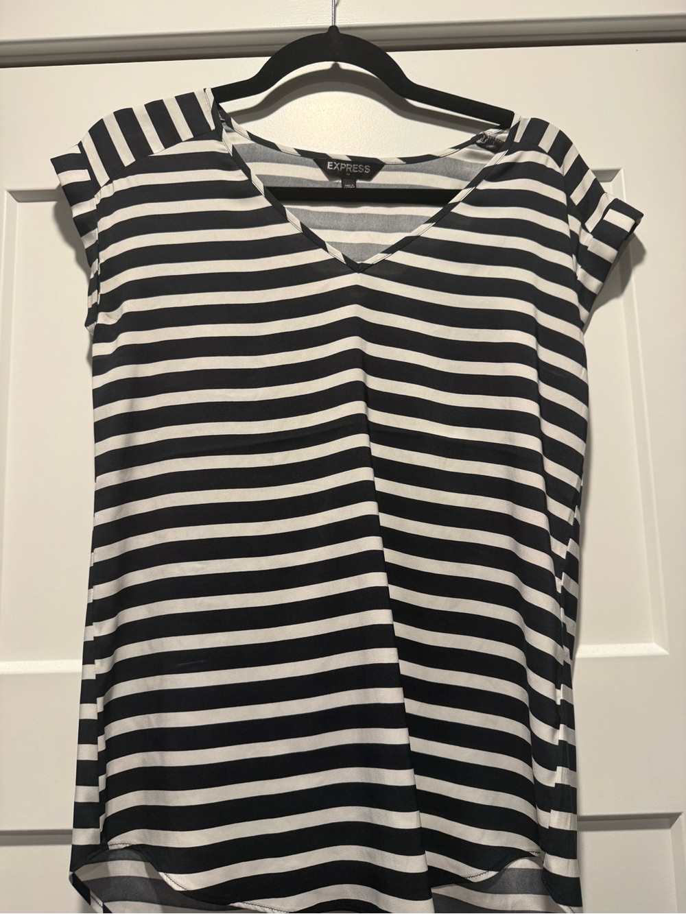 Express Satin Black and White Striped V-Neck Women's Top